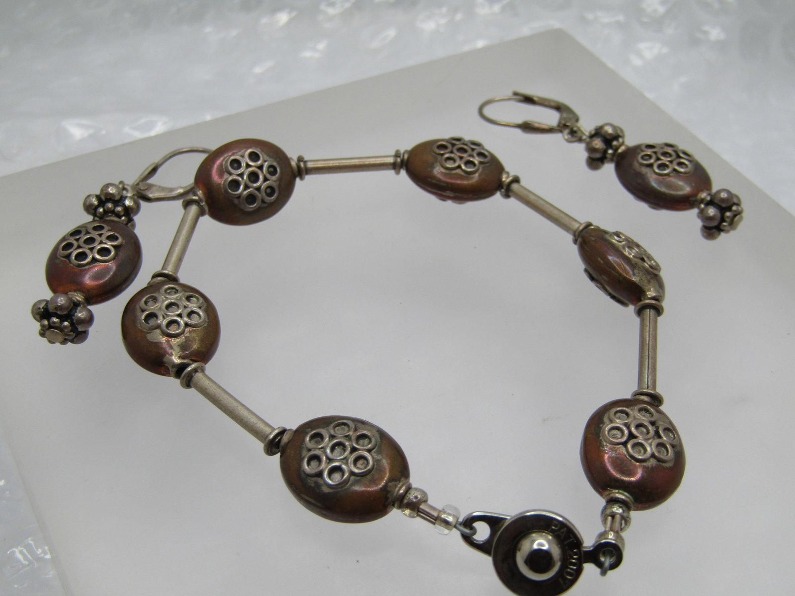Vintage Sterling & Copper Plated Bracelet & Earrings Set, Leverback - 4
