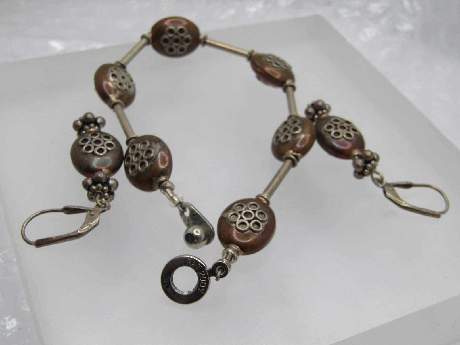 Vintage Sterling & Copper Plated Bracelet & Earrings Set, Leverback - 6