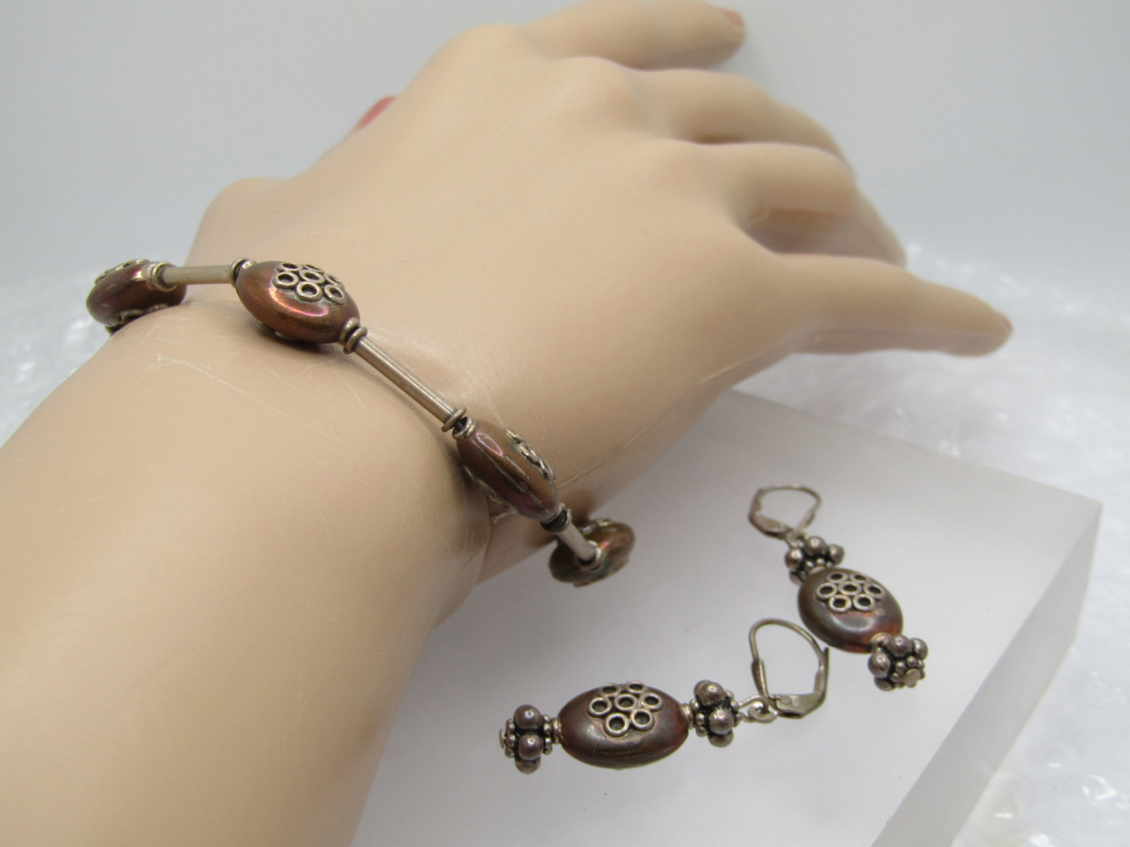 Vintage Sterling & Copper Plated Bracelet & Earrings Set, Leverback - 7