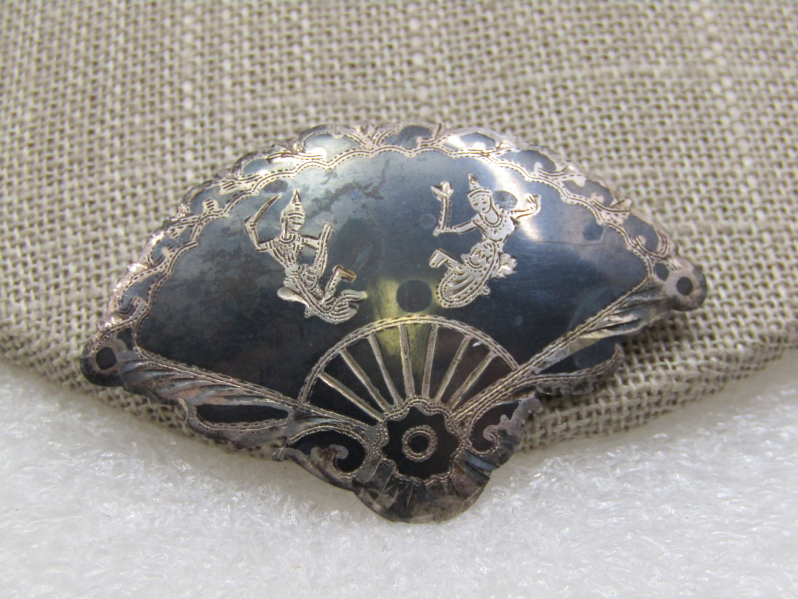 Vintage Sterling Black Siam Goddess Brooch, Fan Shaped, Mid-Century (1 of 6)