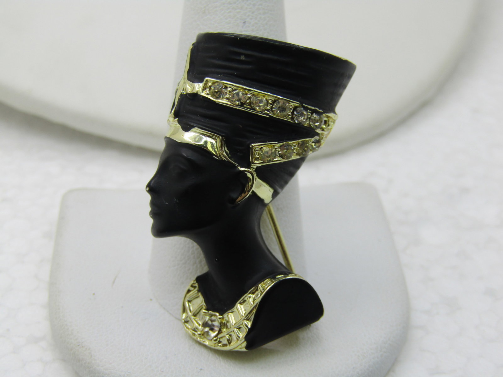 Vintage Egyptian Queen Nefrititi Brooch, Gold Tone and Black Enameling, 1-5/8" - 3