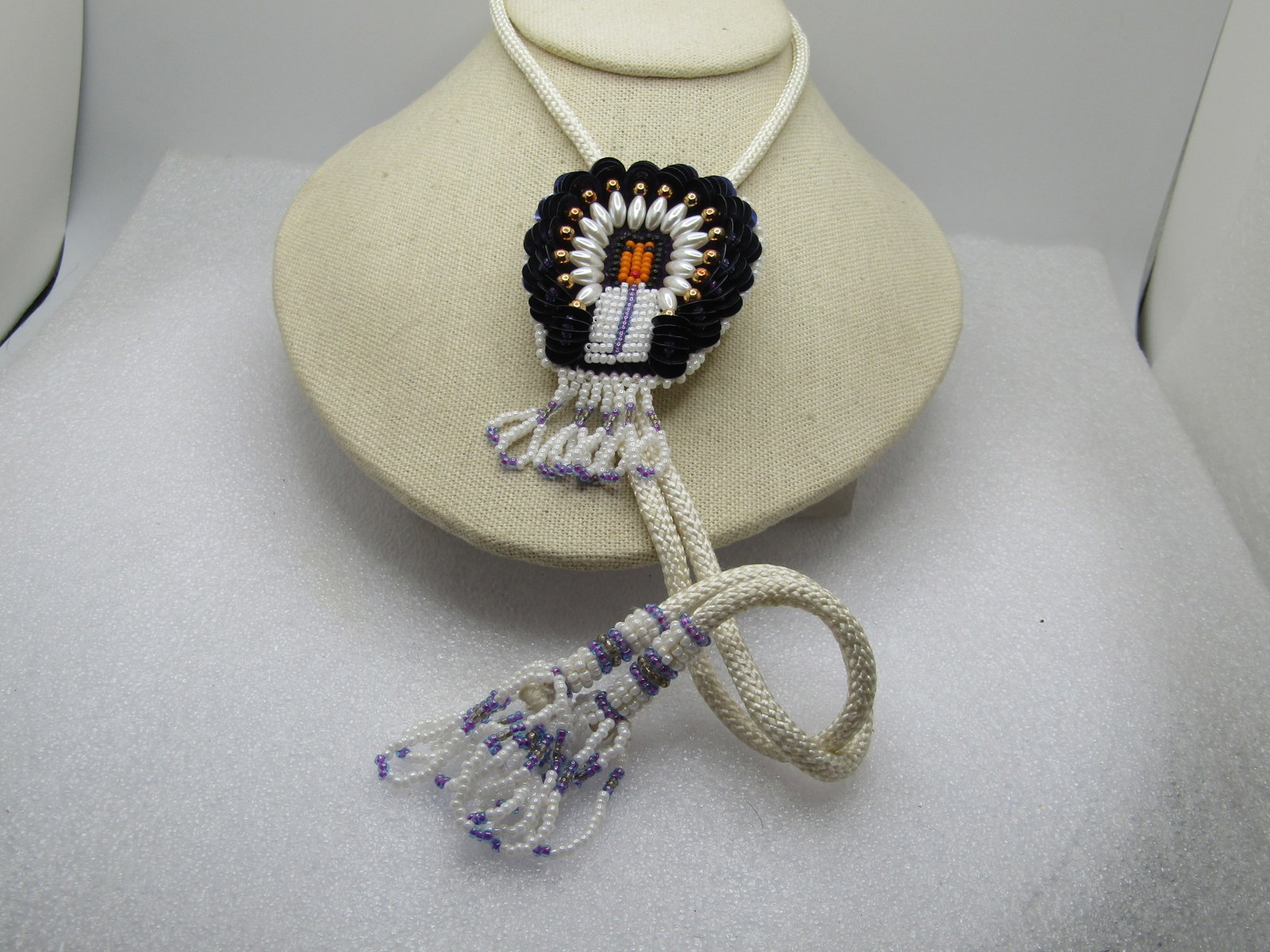 Vintage Beaded/Sequins Chief Bolo Tie, White/Purple/Gray, 34" with Tassels, 1970's-1980's - 3