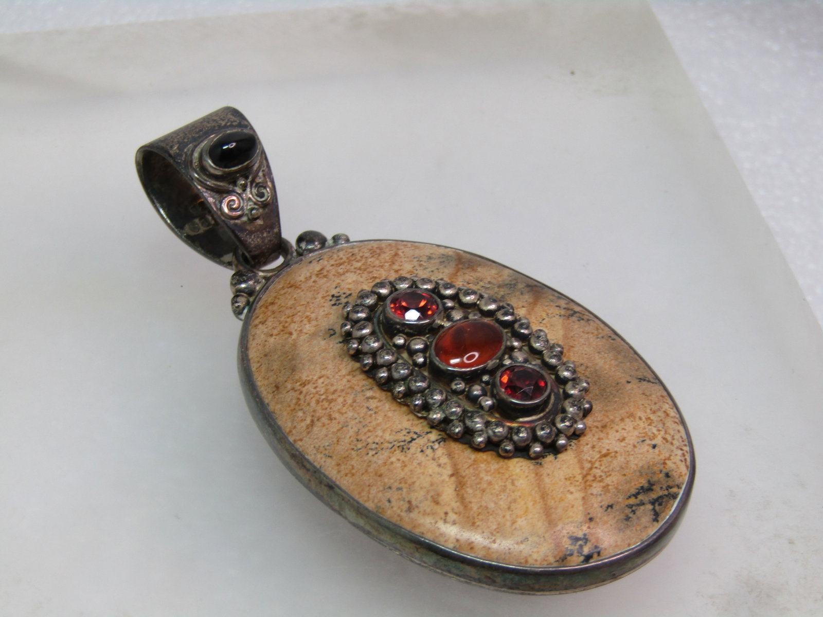 Vintage Sterling Bali Pendant with Onyx, Garnet, Agate, 1980's-1990's, Signed Sajen - 2