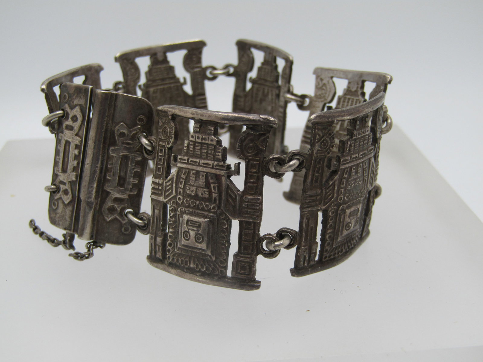 Vintage Silver Inca God Tile Bracelet, Slide Clasp. 7.5", Unisex, Pre Mid-Century (1 of 7)