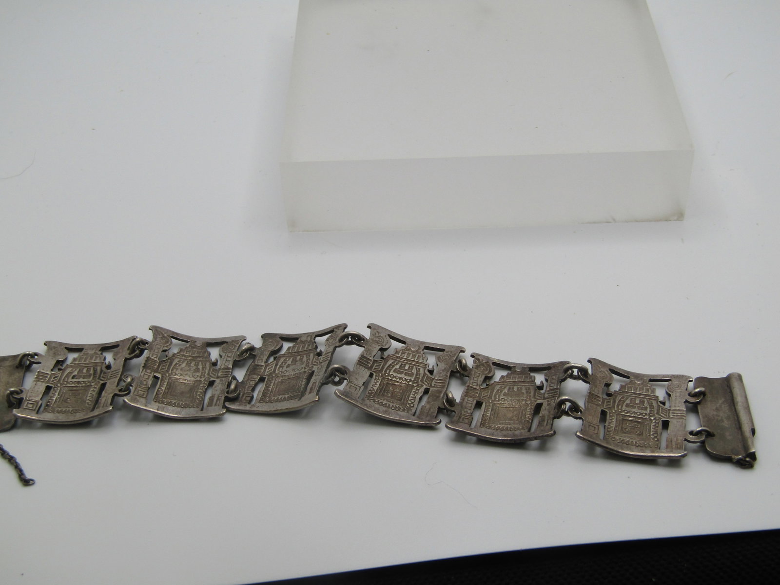 Vintage Silver Inca God Tile Bracelet, Slide Clasp. 7.5", Unisex, Pre Mid-Century - 6