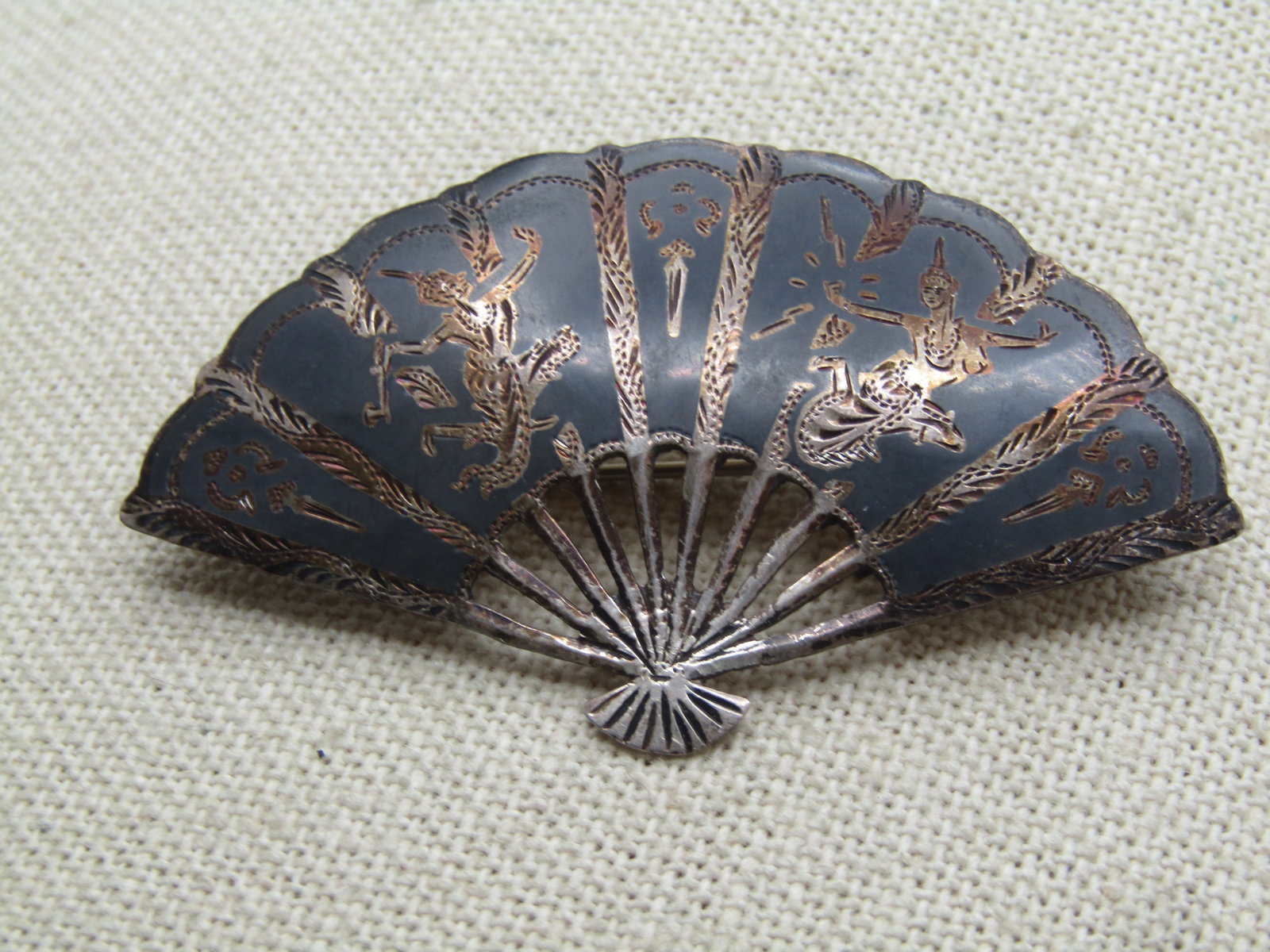 Vintage Sterling Enameled Siam Fan Brooch, Goddess Design, 1940's-1950's - 2