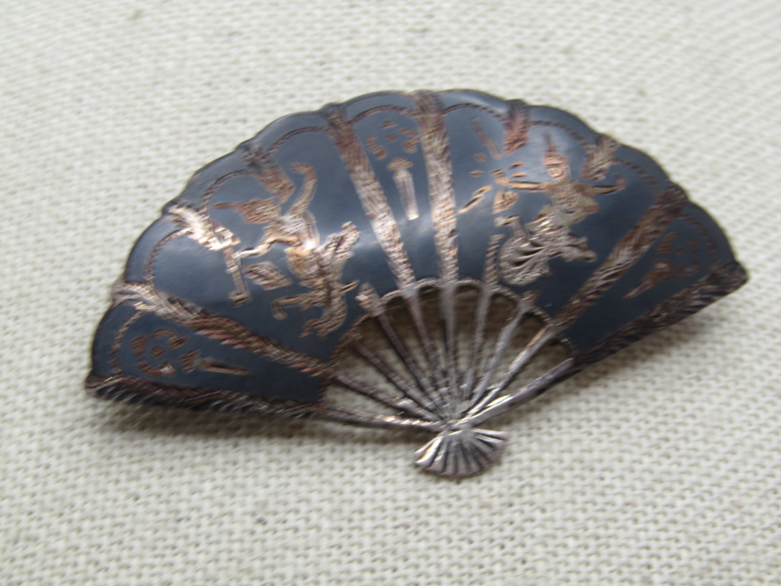 Vintage Sterling Enameled Siam Fan Brooch, Goddess Design, 1940's-1950's - 3