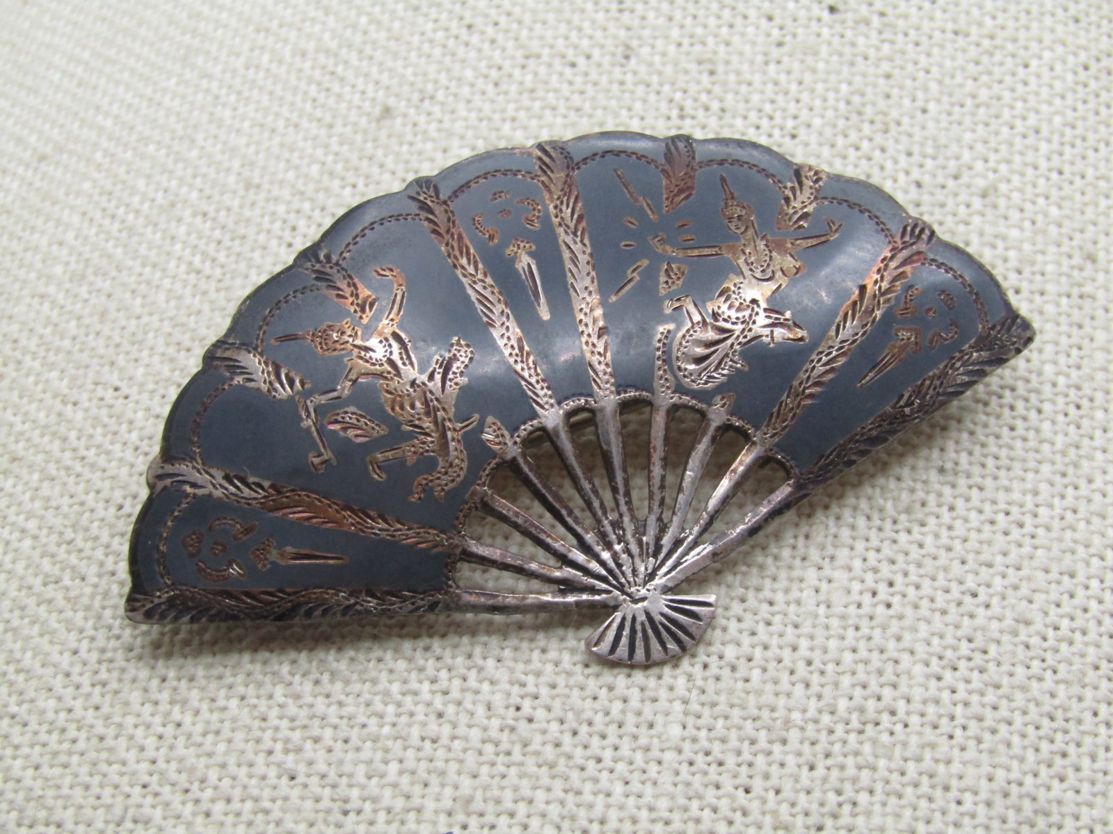 Vintage Sterling Enameled Siam Fan Brooch, Goddess Design, 1940's-1950's - 6