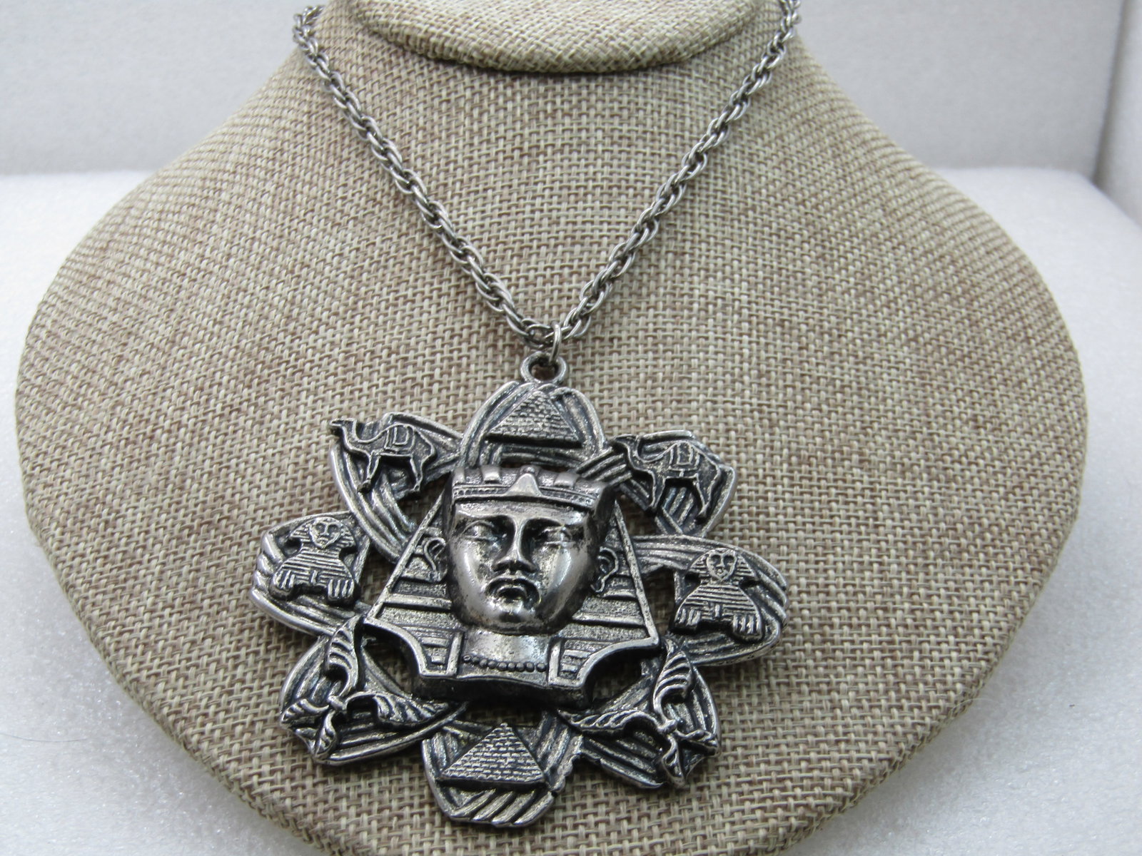Vintage Egyptian Themed Statement Necklace, 23" with 3" Pendant, King Tut - 4
