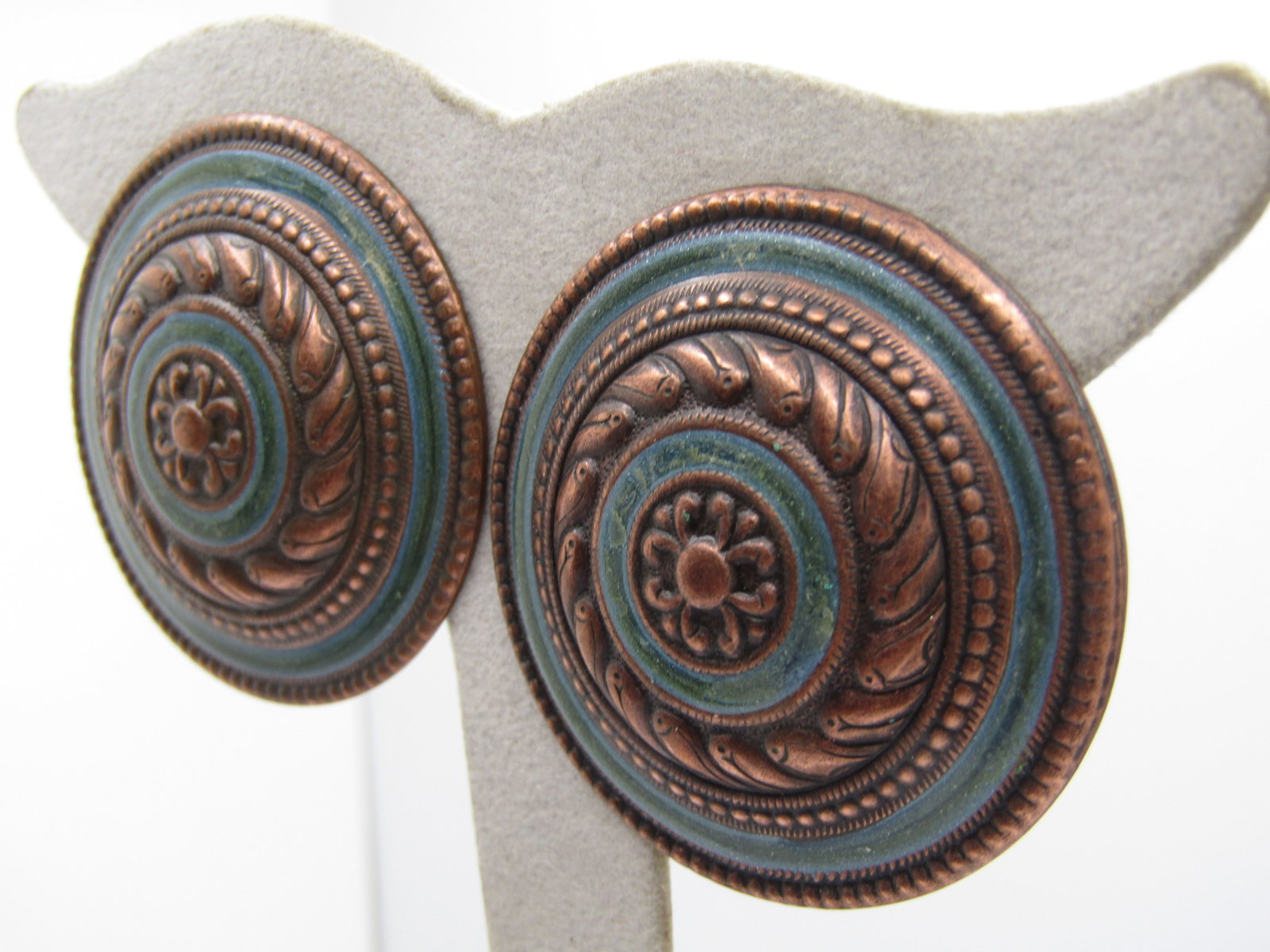 Vintage Copper Enameled Earrings, Pierced, 1.5" Domed, 1970's-1980's - 2