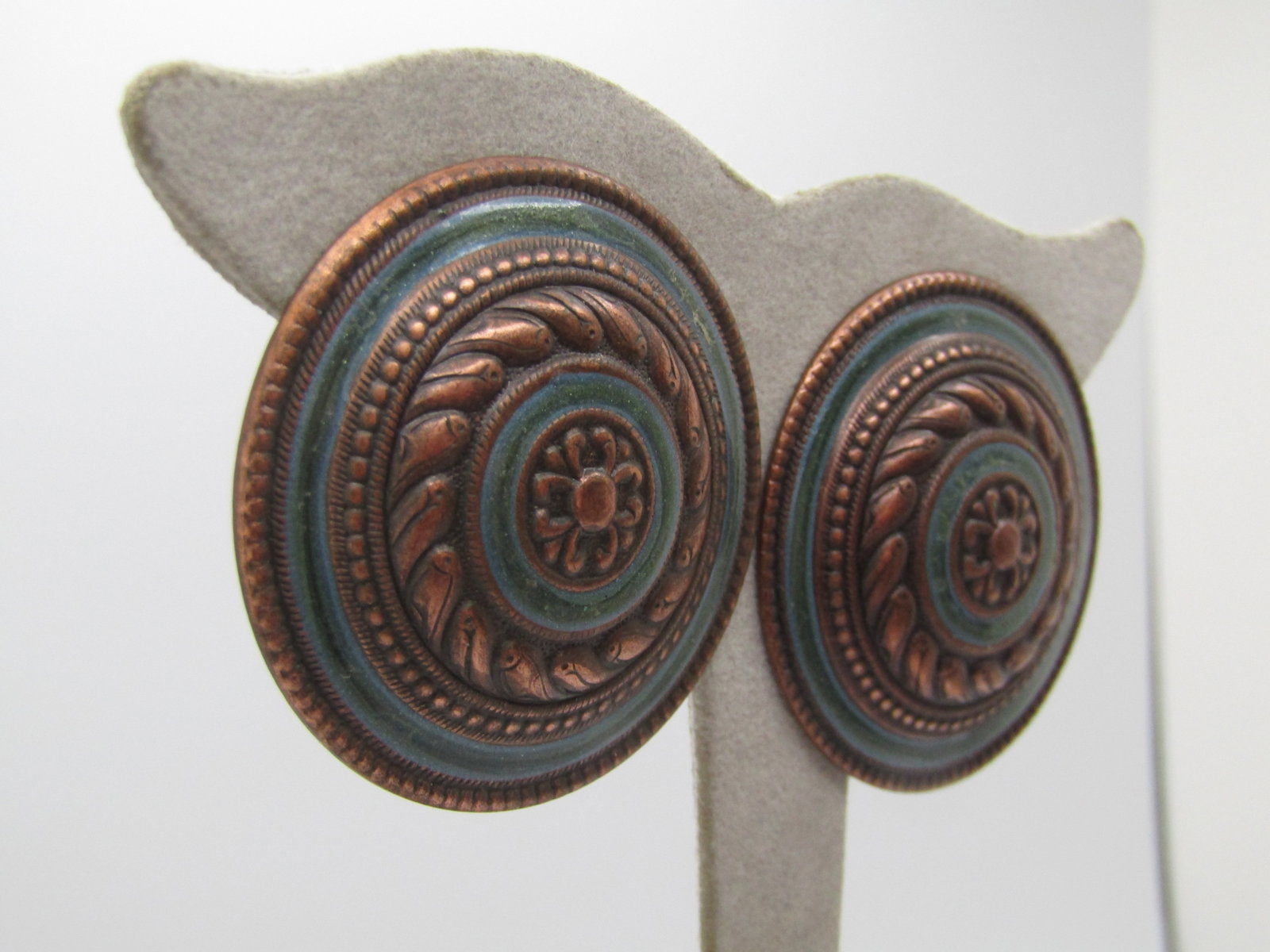 Vintage Copper Enameled Earrings, Pierced, 1.5" Domed, 1970's-1980's - 3