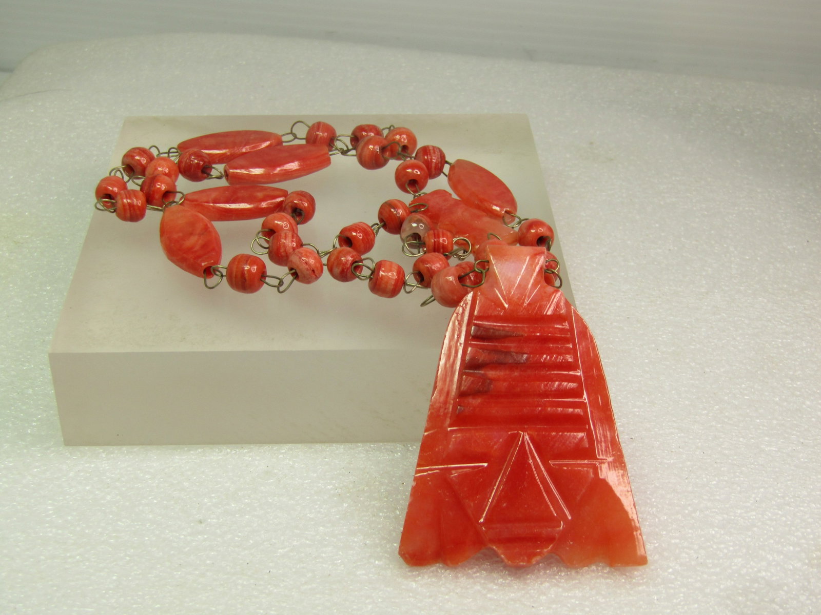 Vintage Carved Orange Quartz Tribal Necklace, 24", 1970's - 4