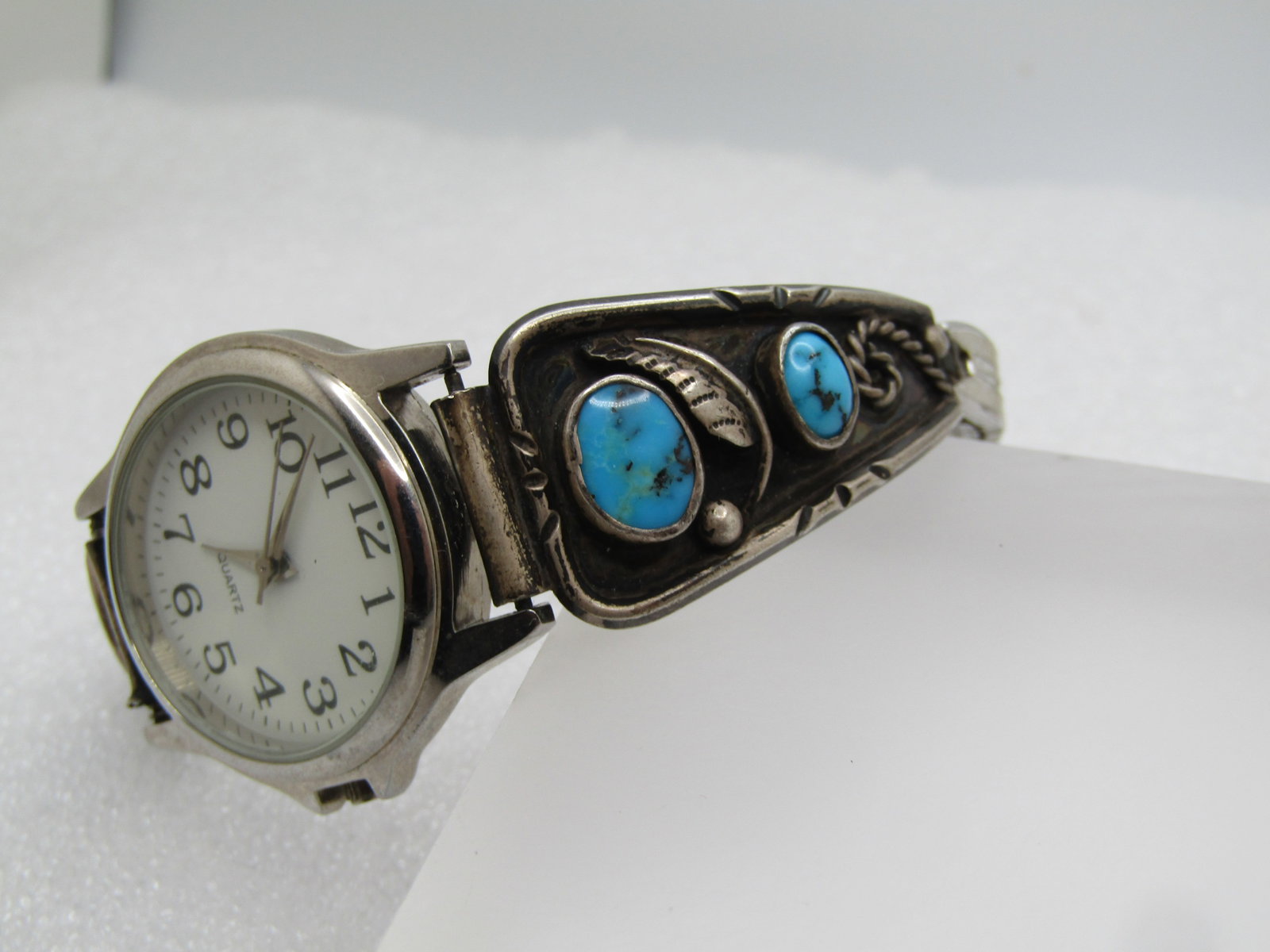 Sterling Southestern Turquoise Watch Tips & Ladies Watch, Signed, B & Crescent Shape - 2