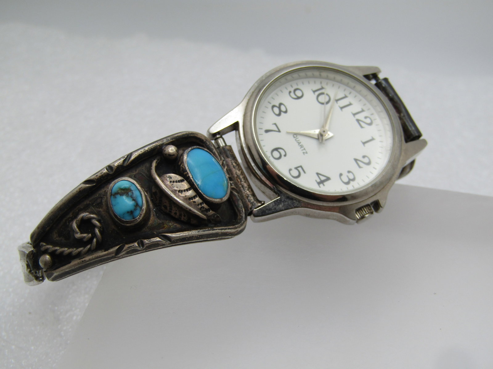 Sterling Southestern Turquoise Watch Tips & Ladies Watch, Signed, B & Crescent Shape - 3