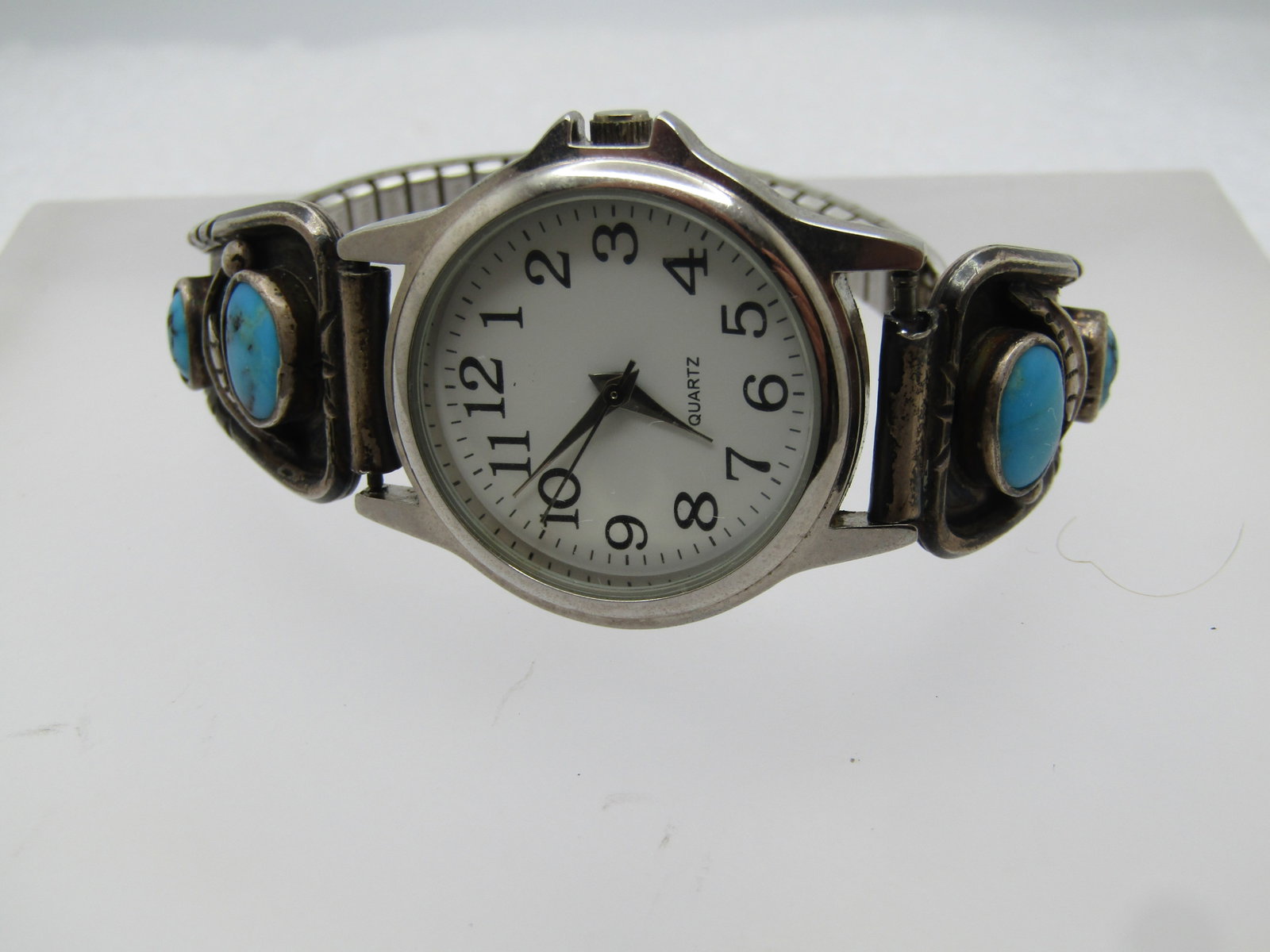 Sterling Southestern Turquoise Watch Tips & Ladies Watch, Signed, B & Crescent Shape - 7