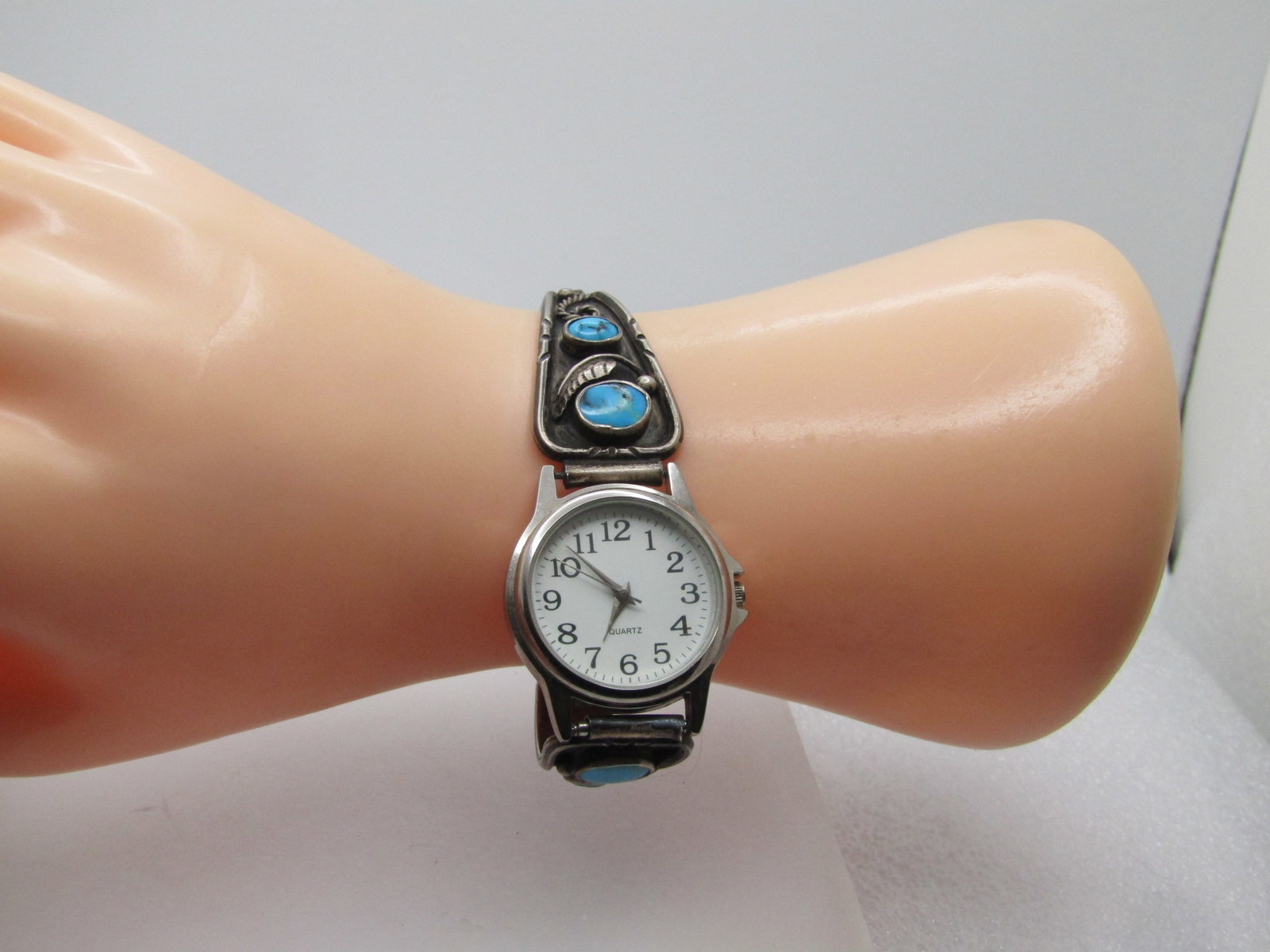 Sterling Southestern Turquoise Watch Tips & Ladies Watch, Signed, B & Crescent Shape - 9