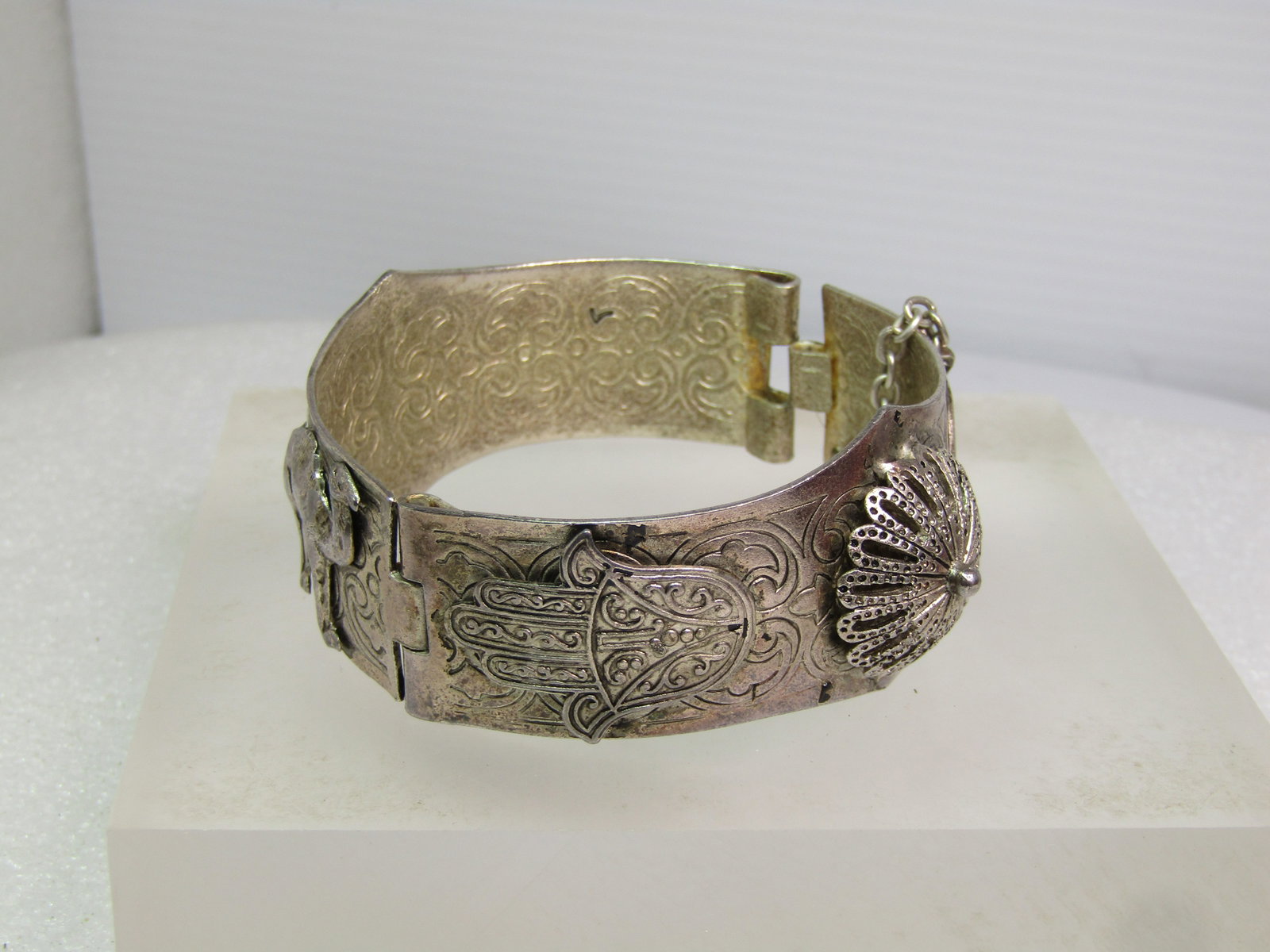 Vintage Hinged Hand of Fatima Bangle Bracelet, Pin Clasp, Middle East, 1950's-1960's, 7" - 6