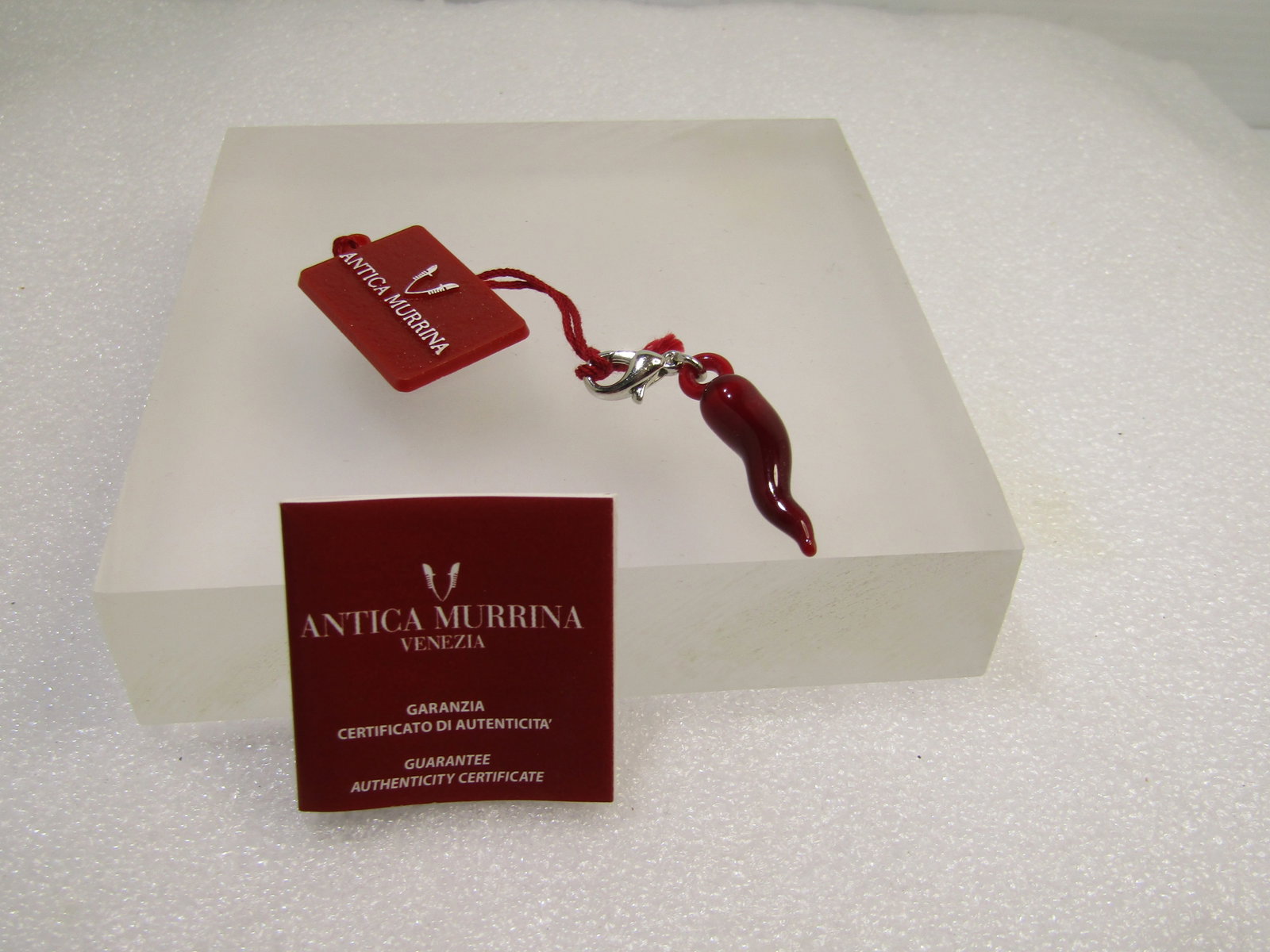 Antica Murrina Red Glass Italian Horn, Charm Pendant, Original Box, 1990's - 2