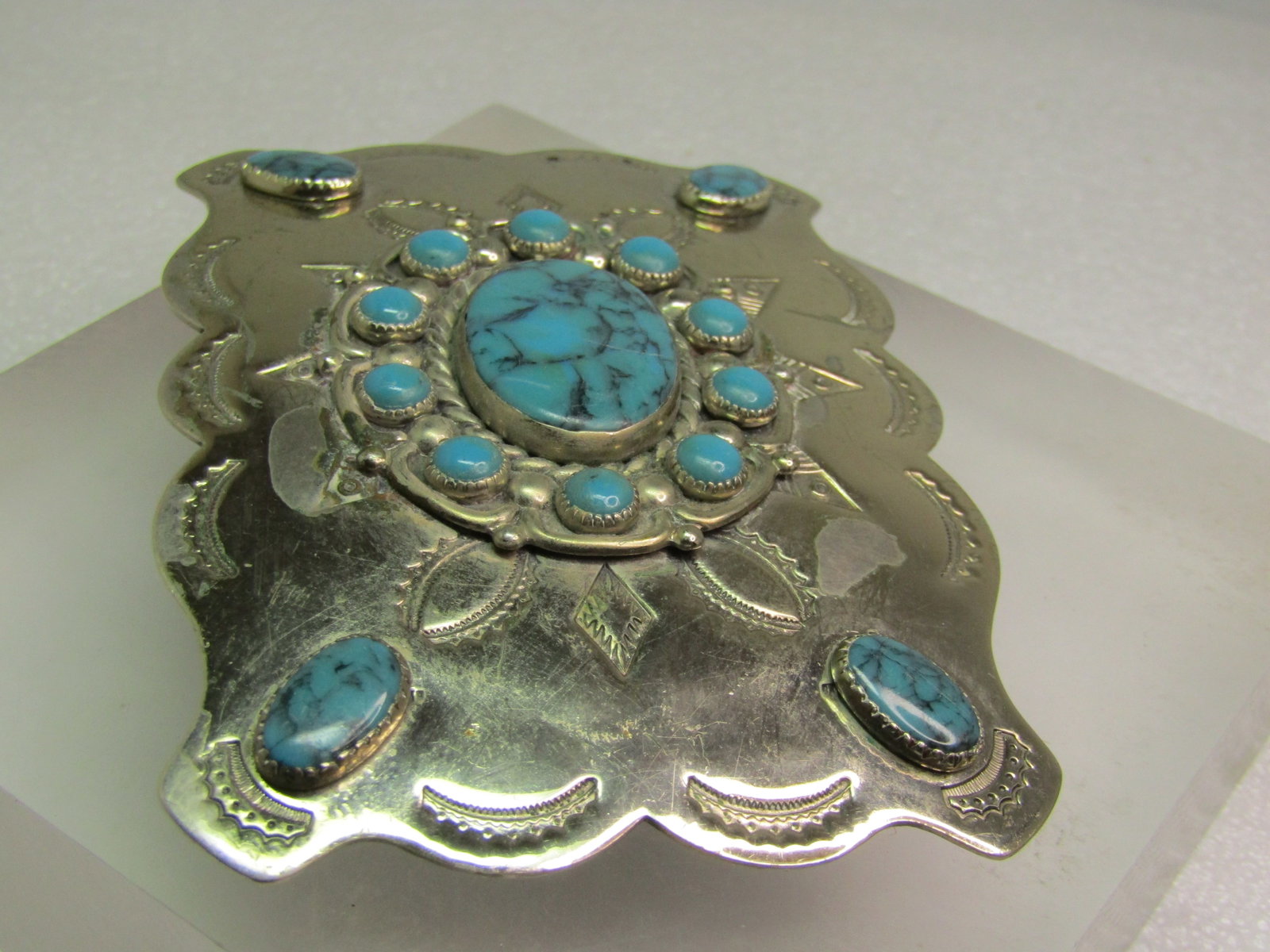 Vintage Southwestern Faux Turquoise Buckle, Signed Bell trading, 1960's-1970's - 6
