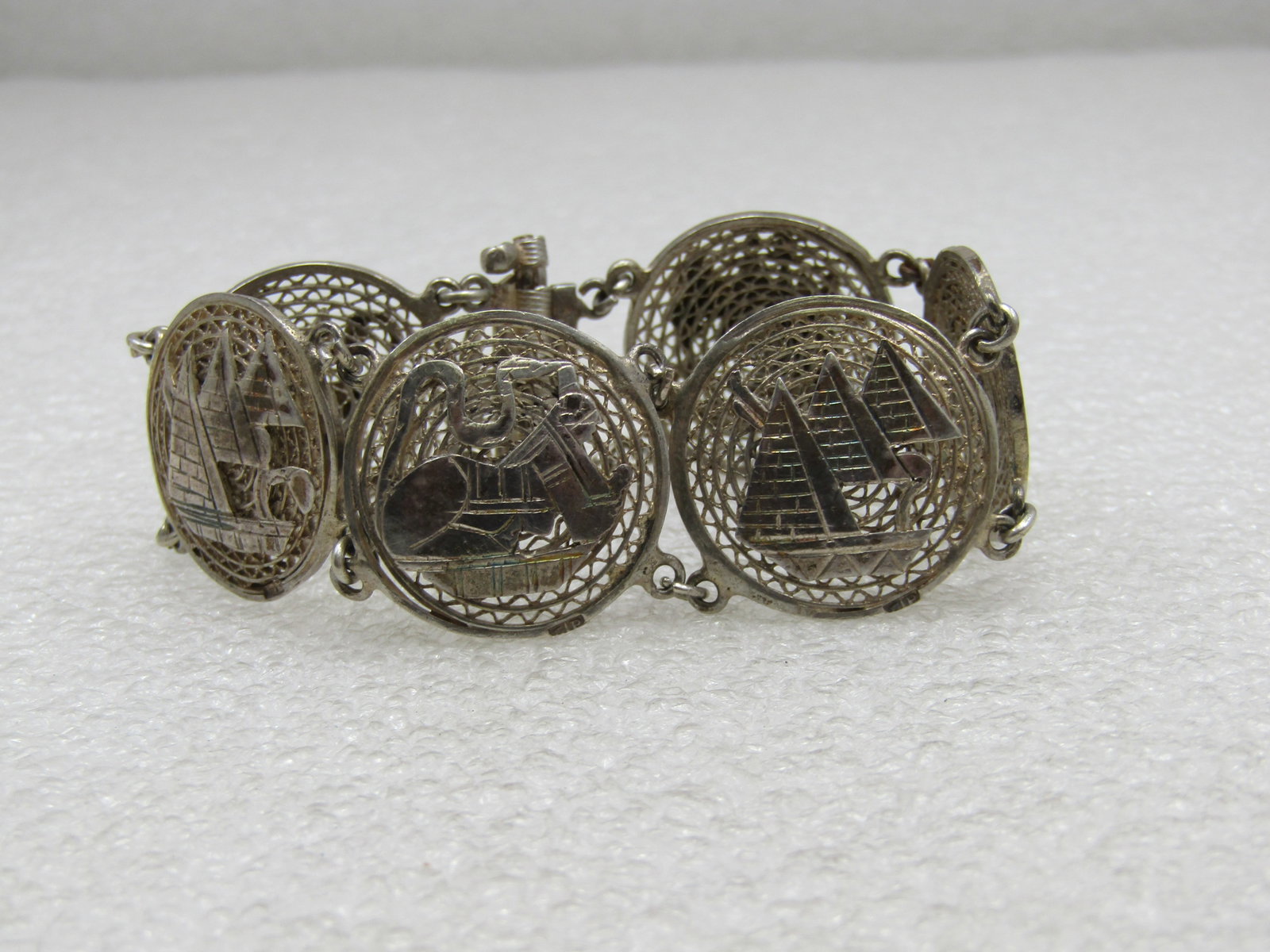 Vintage .800 Silver Egyptian Filigre Braclet, Pin Clasp, 6.5" - 2