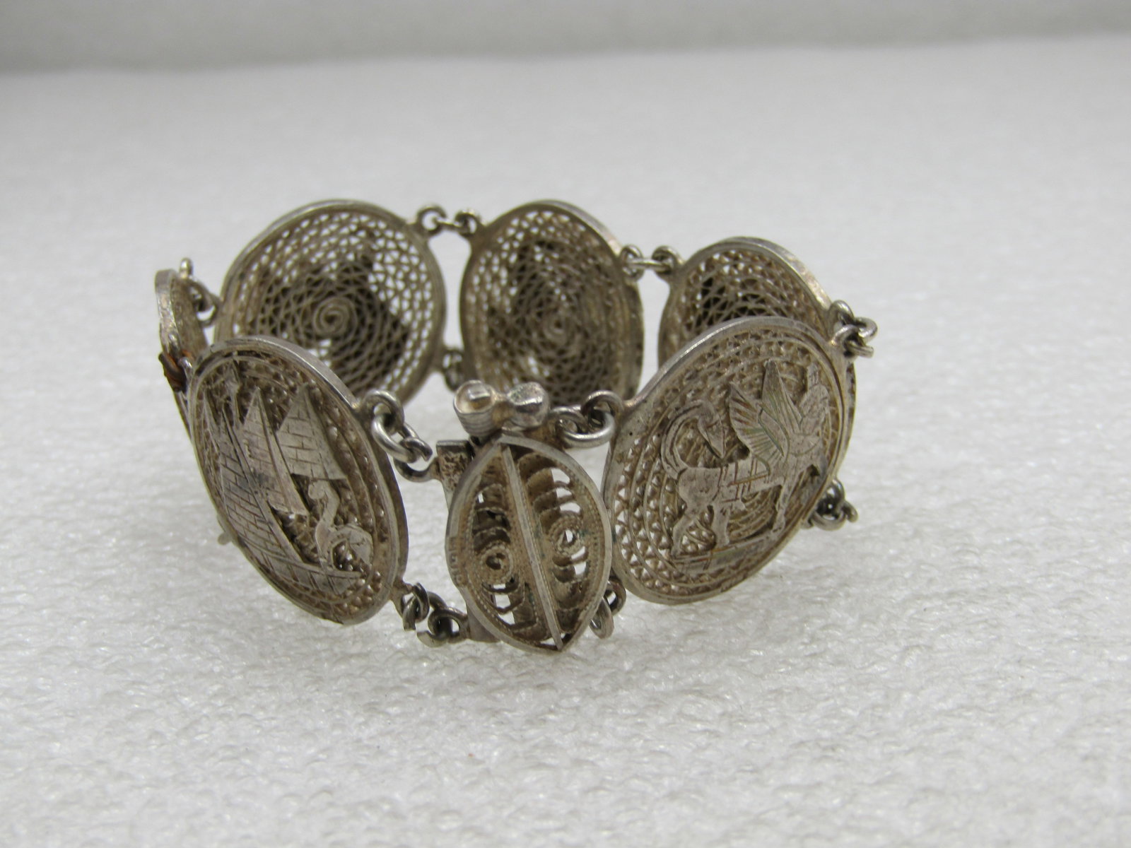 Vintage .800 Silver Egyptian Filigre Braclet, Pin Clasp, 6.5" - 4