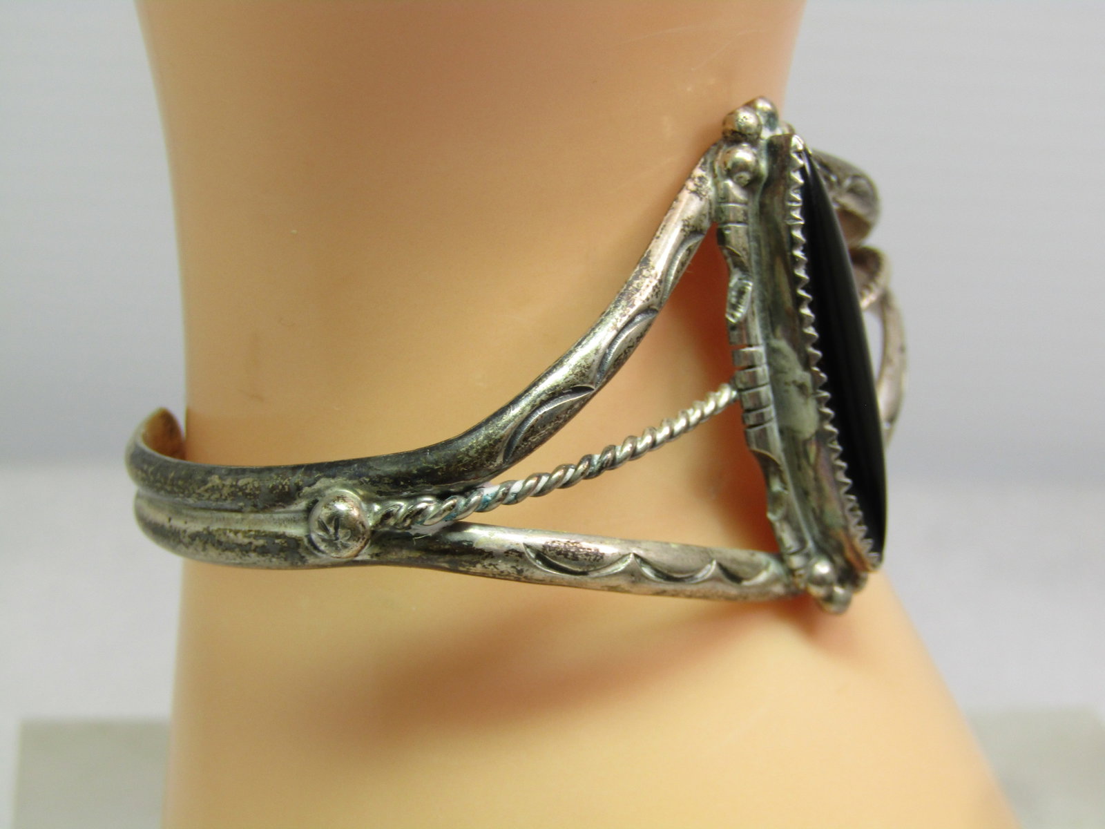 Vintage Sterling Southwestern/Navajo Onyx Cuff Bracelet, 6.5", 1970's-1980's, Signed - 3