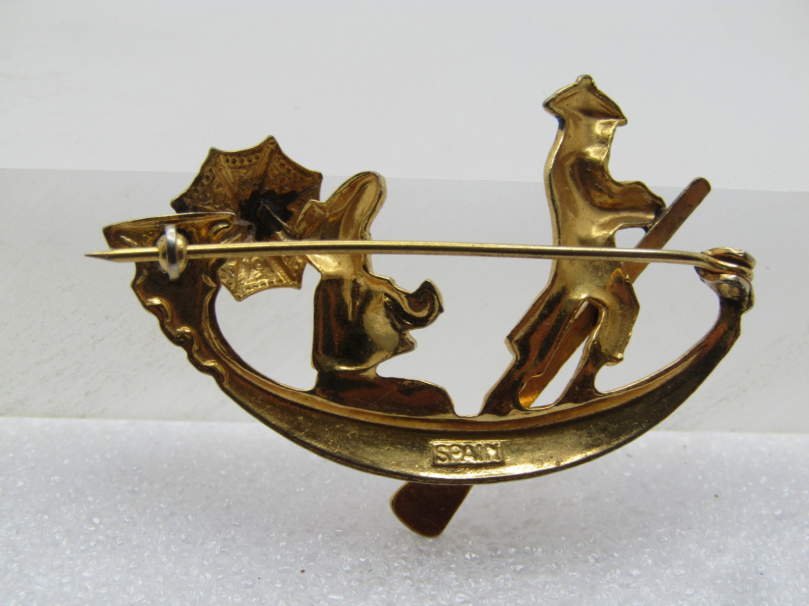 Vintage Damascene Chinese Gondola Brooch, Driver & Passenger, 1960's, Spain - 4