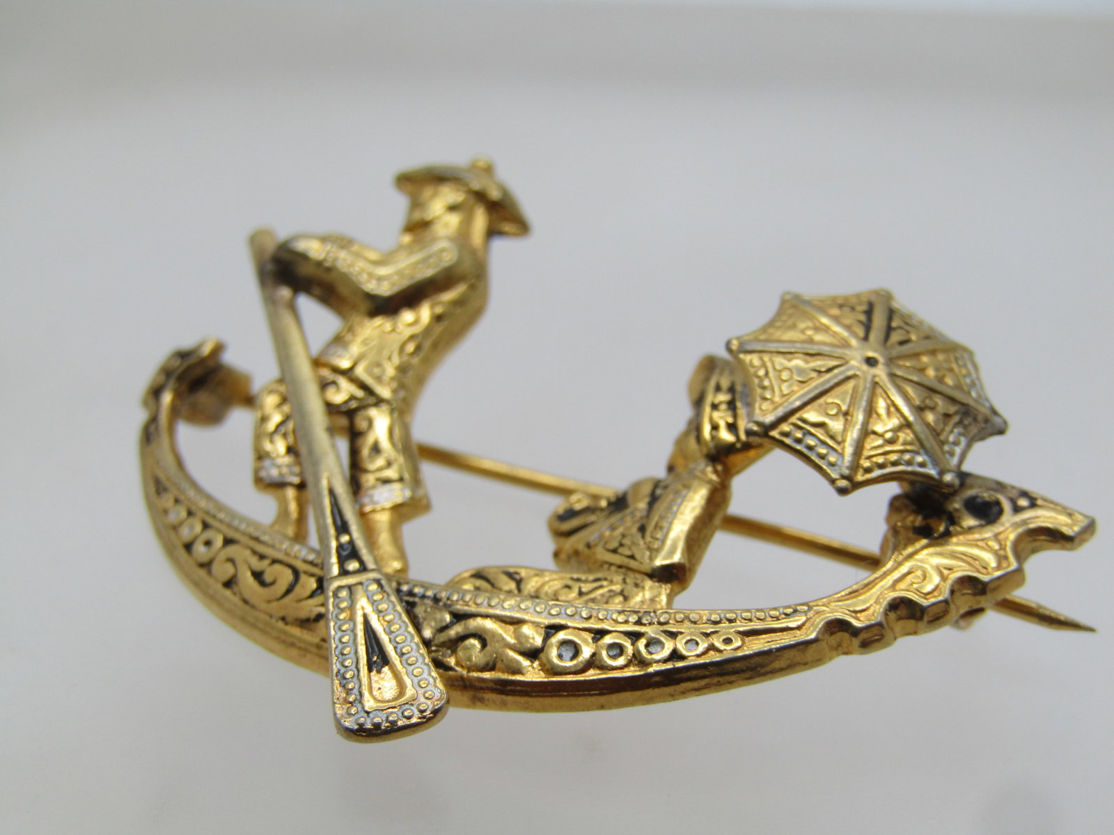 Vintage Damascene Chinese Gondola Brooch, Driver & Passenger, 1960's, Spain - 6