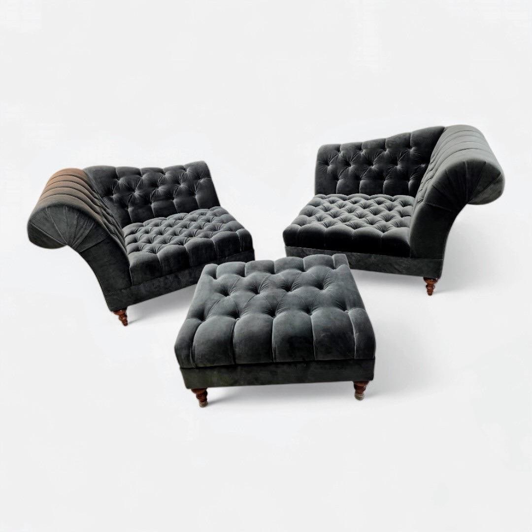 Vintage Chesterfield Style Tufted Lounge Chairs and Ottoman Set by Bernhardt Salon Interiors Newly - 3