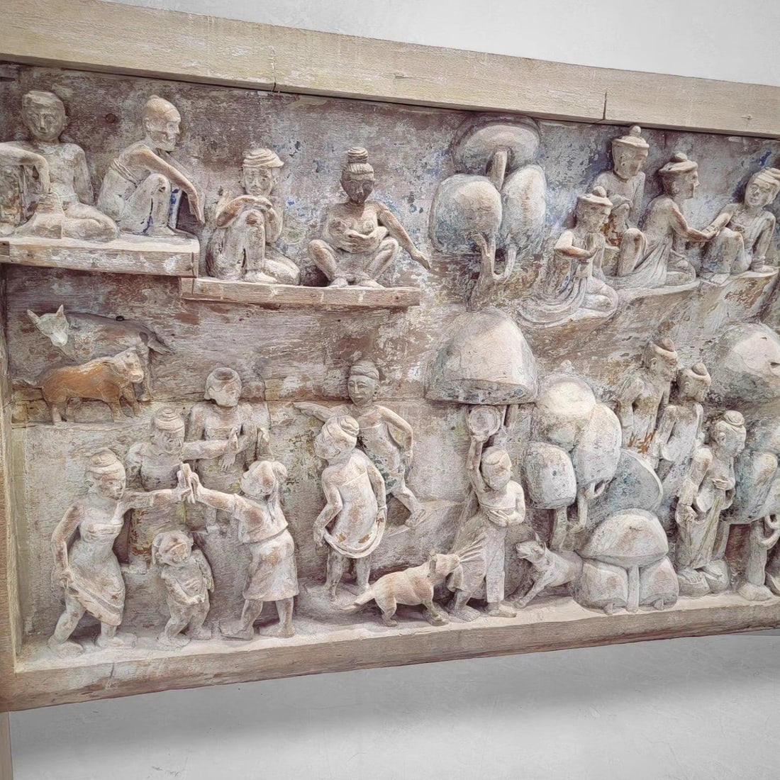 Antique Monumental Burmese Carved Mandalay Village Market Scene with Stand - 6