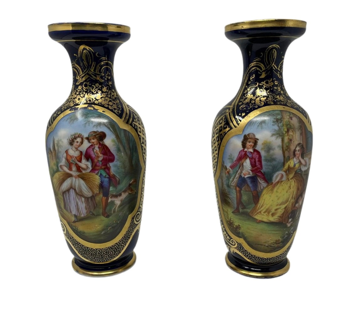 Antique French Old Paris Gilded Porcelain Vases - Pair - 2