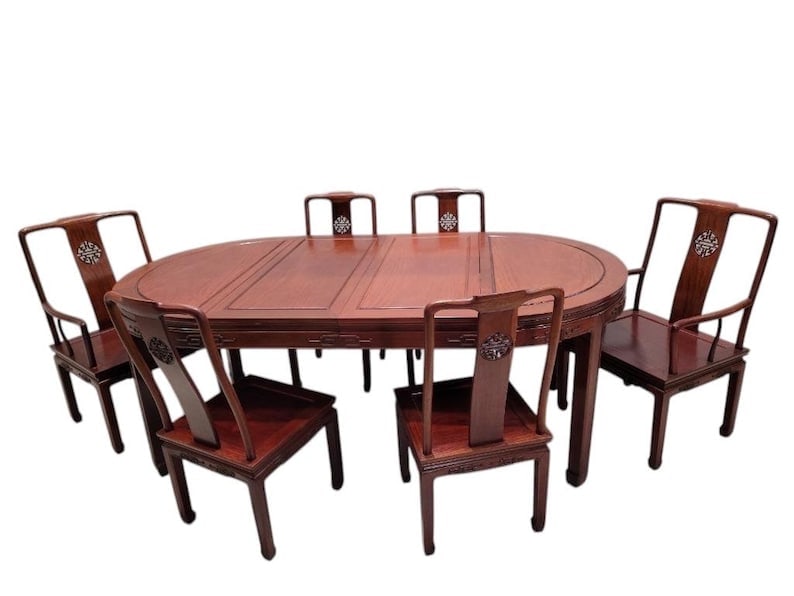 Vintage Asian Rosewood Extending Dining Table and 8 Chair Dining Set: Title: Vintage Asian Rosewood Extending Dining Table and 8 Chair Dining Set Description: Vintage Imported Asian Rosewood Carved Longevity Extending Dining Table and 8 Chairs Intricately handcrafted fr