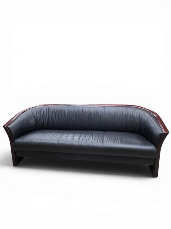 Vintage Ekornes Scandinavian Modern Black Leather Sofa with Rosewood Accents - 2