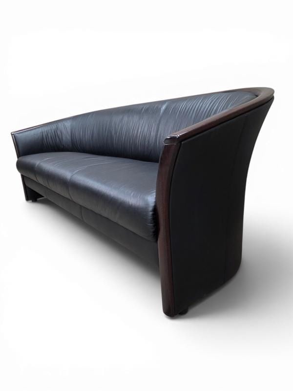 Vintage Ekornes Scandinavian Modern Black Leather Sofa with Rosewood Accents - 3