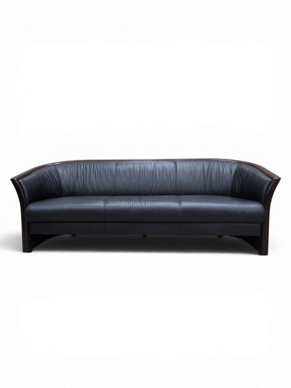 Vintage Ekornes Scandinavian Modern Black Leather Sofa with Rosewood Accents - 5