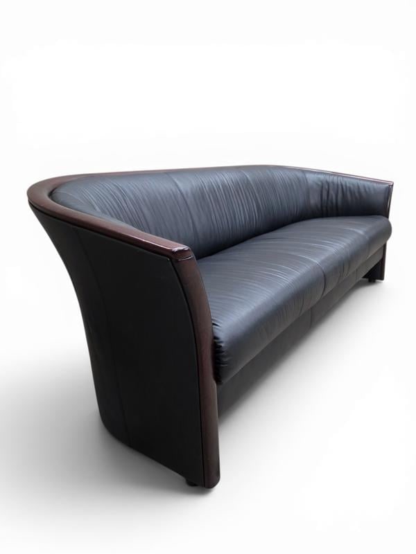 Vintage Ekornes Scandinavian Modern Black Leather Sofa with Rosewood Accents - 8