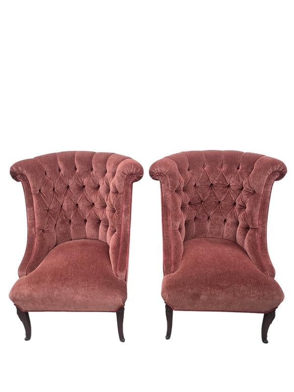 Vintage Queen Anne Style Tufted Wingback Chairs Newly Reupholstered in Mohair - Pair - 2
