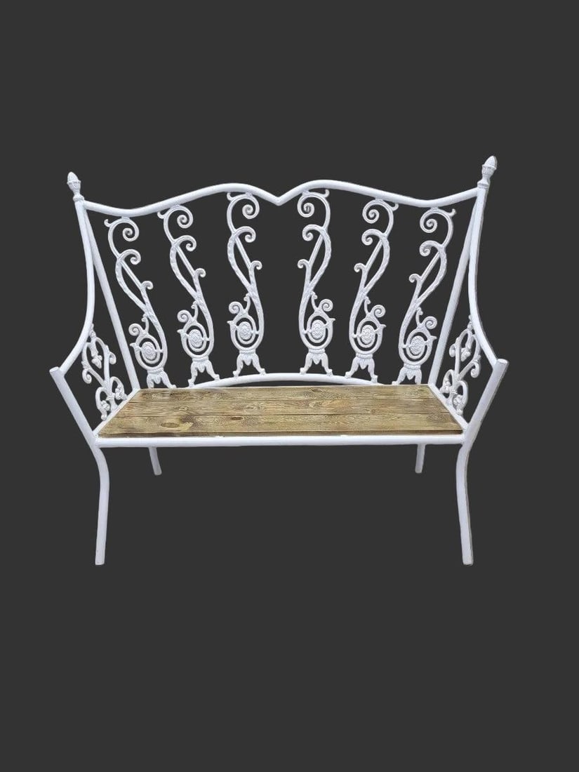 Antique Victorian Colonial Style White Wrought Iron Bench - 2