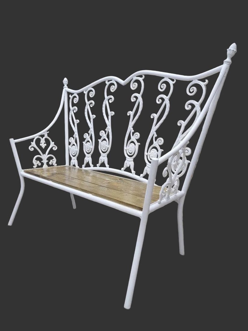 Antique Victorian Colonial Style White Wrought Iron Bench - 3