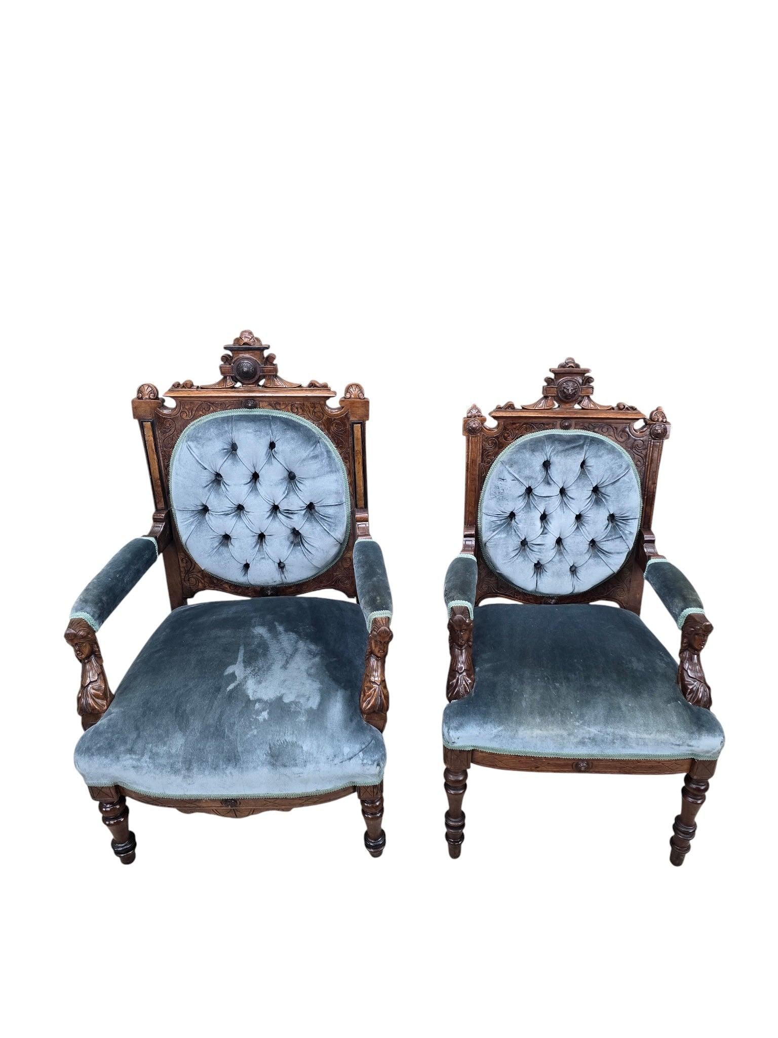 Antique Renaissance Revival Carved Chairs by John Jelliff - Set of 2 - 8