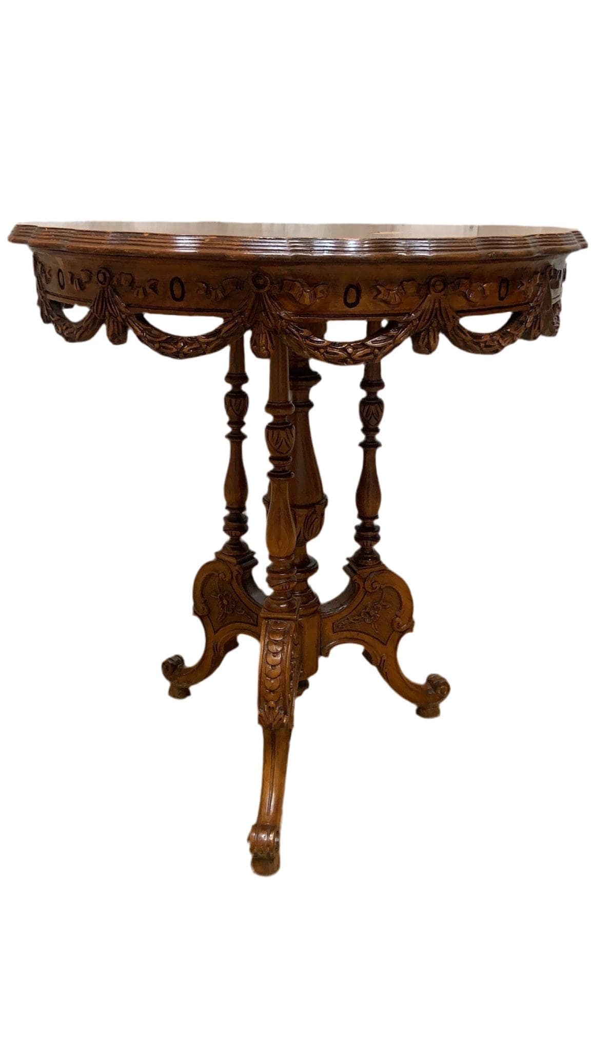 Antique Victorian Style Inlaid Walnut Center Table with Scalloped Top - 3