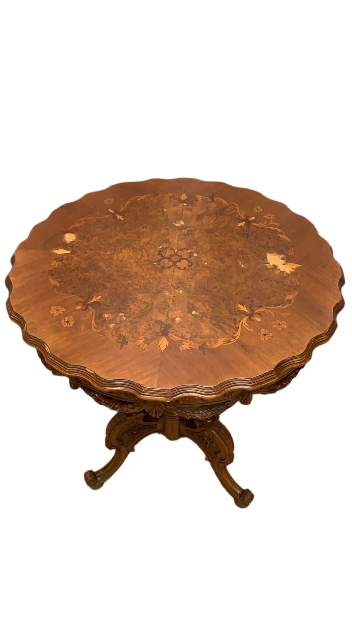 Antique Victorian Style Inlaid Walnut Center Table with Scalloped Top - 4