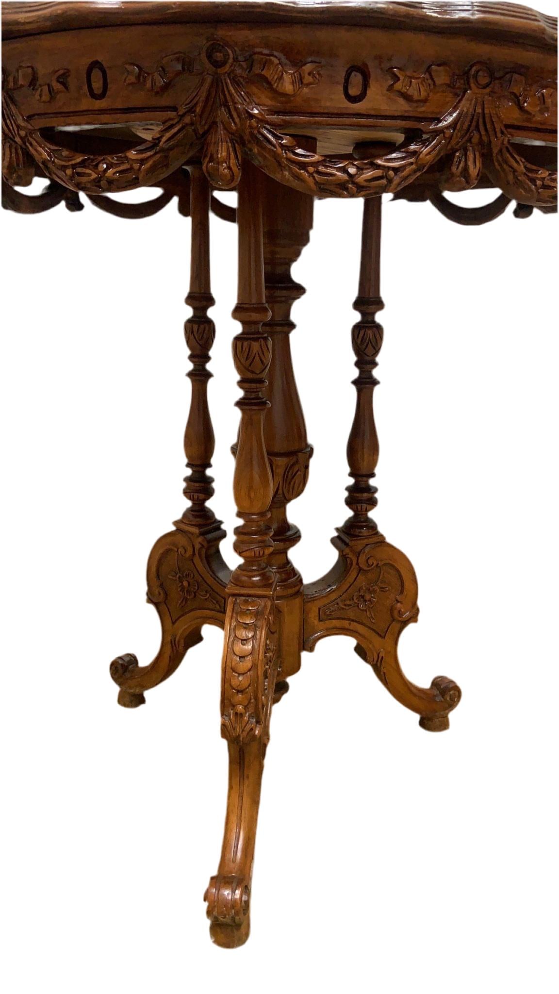 Antique Victorian Style Inlaid Walnut Center Table with Scalloped Top - 5