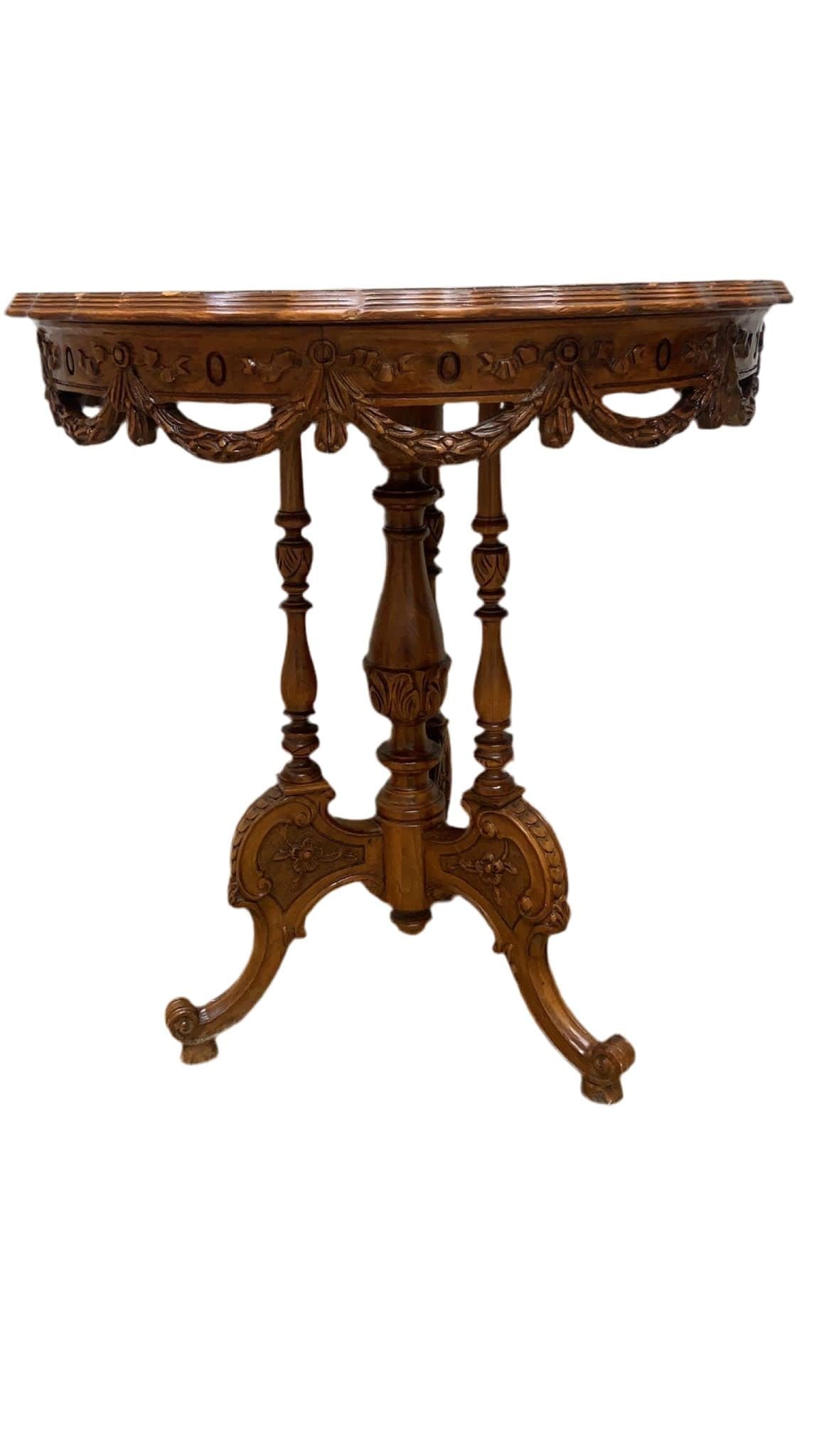 Antique Victorian Style Inlaid Walnut Center Table with Scalloped Top - 6