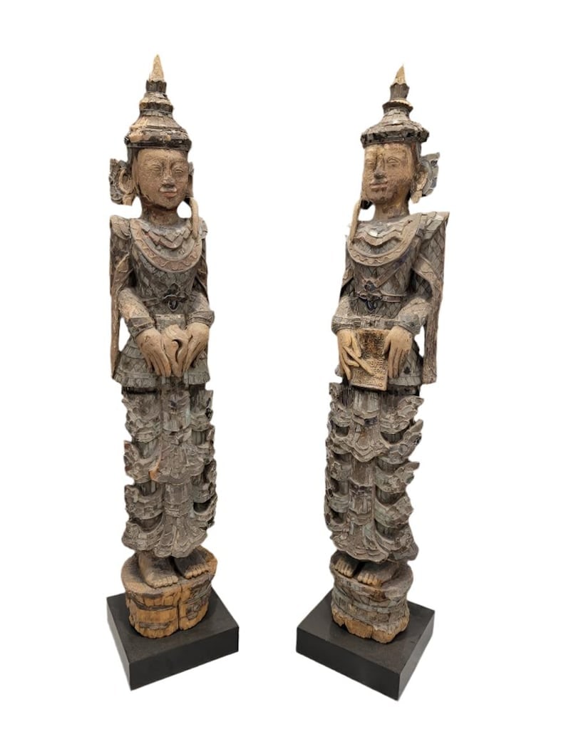 Antique Burmese Carved Colored Glass Monastic Sculptures- Set of 2 (1 of 8)