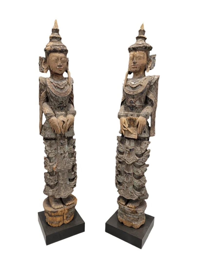 Antique Burmese Carved Colored Glass Monastic Sculptures- Set of 2 - 2