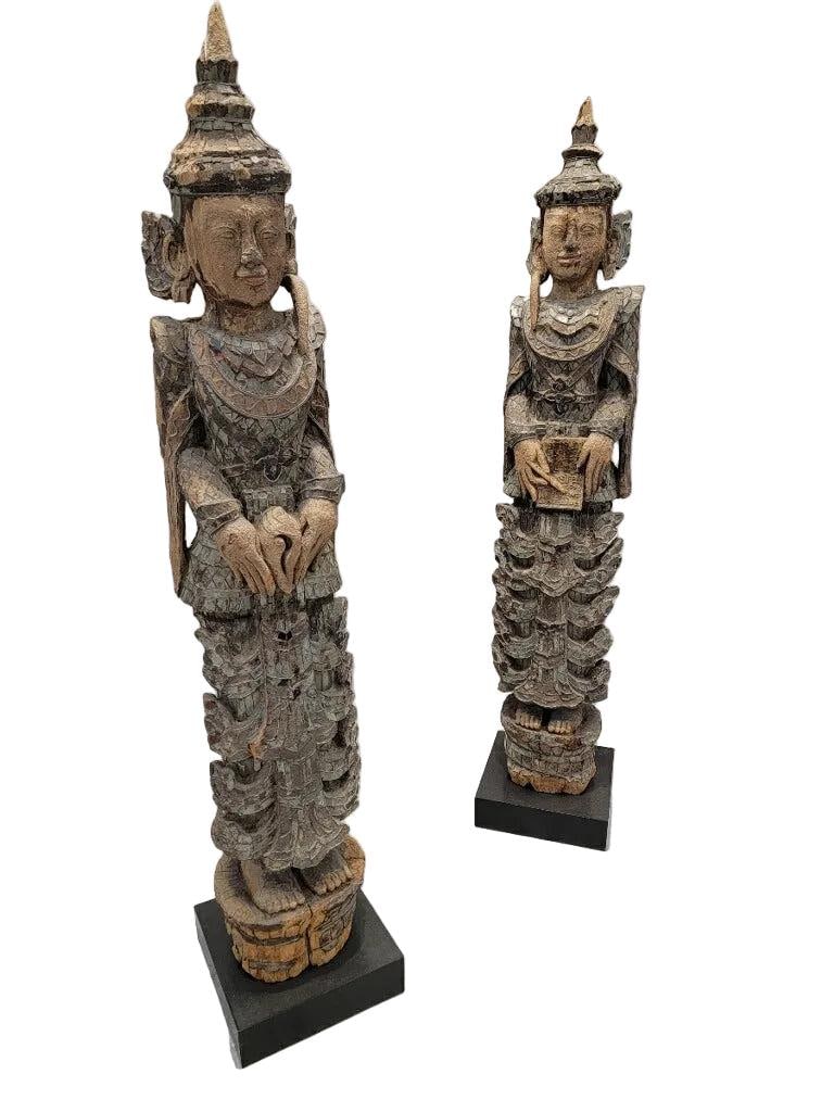 Antique Burmese Carved Colored Glass Monastic Sculptures- Set of 2 - 3