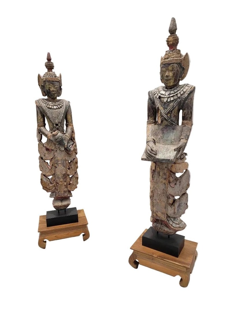 Antique Burmese Carved Inlaid Glass Monastic Sculptures - Set of 2 - 3