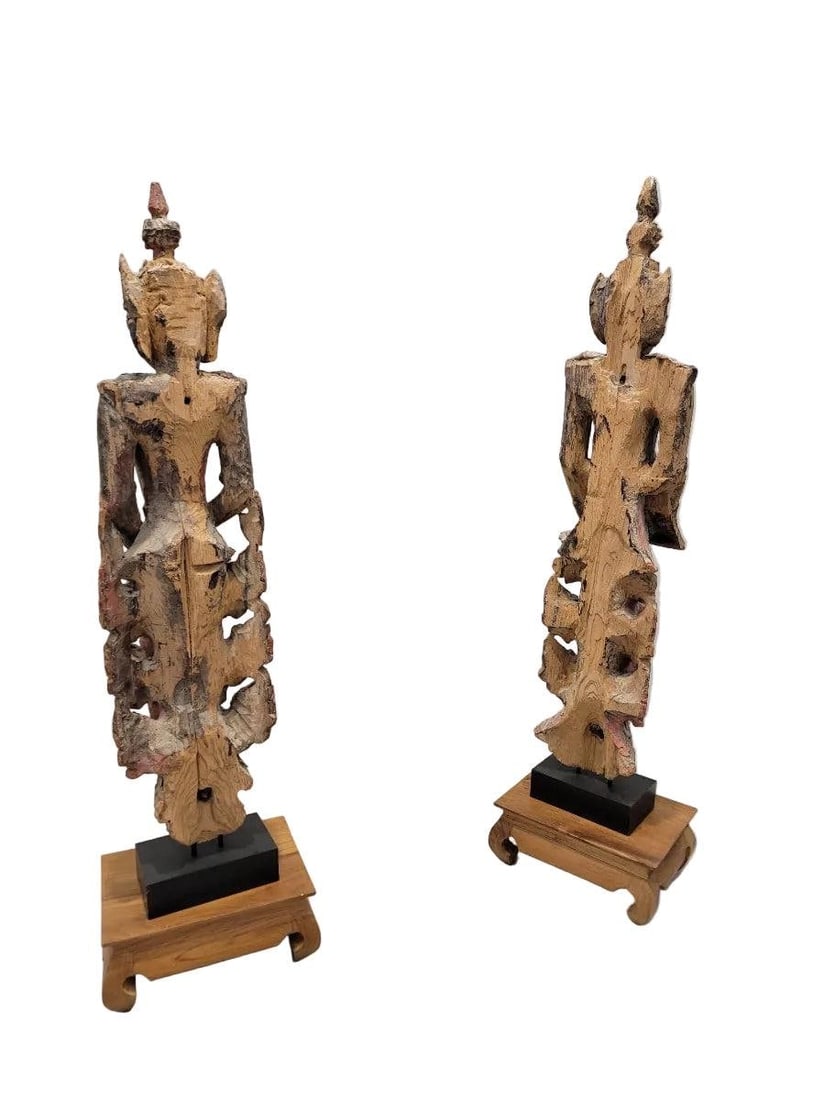 Antique Burmese Carved Inlaid Glass Monastic Sculptures - Set of 2 - 8
