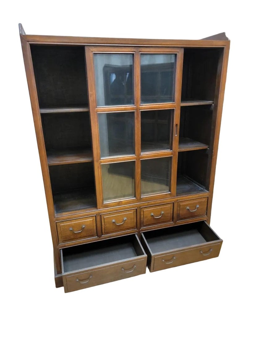 Vintage Chinese Sliding Door Elm Display Cabinet - Pair - 5